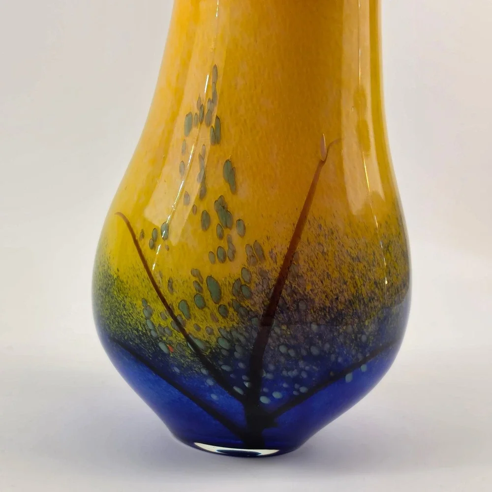 Art Glass Vase Blue Yellow Red Flared Rim Hand Blown Studio Glass